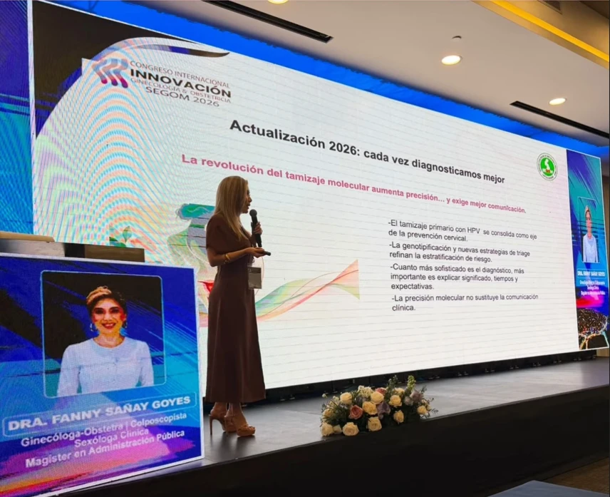 Dra. Fanny Sañay Goyes exponiendo en el III Congreso Internacional de Innovación en Ginecología y Obstetricia SEGOM 2026, Hotel Oro Verde, Manta, Ecuador